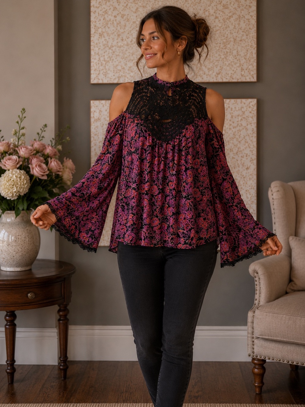 Angie Bohemian Lace Blouse Cold Shoulder Small